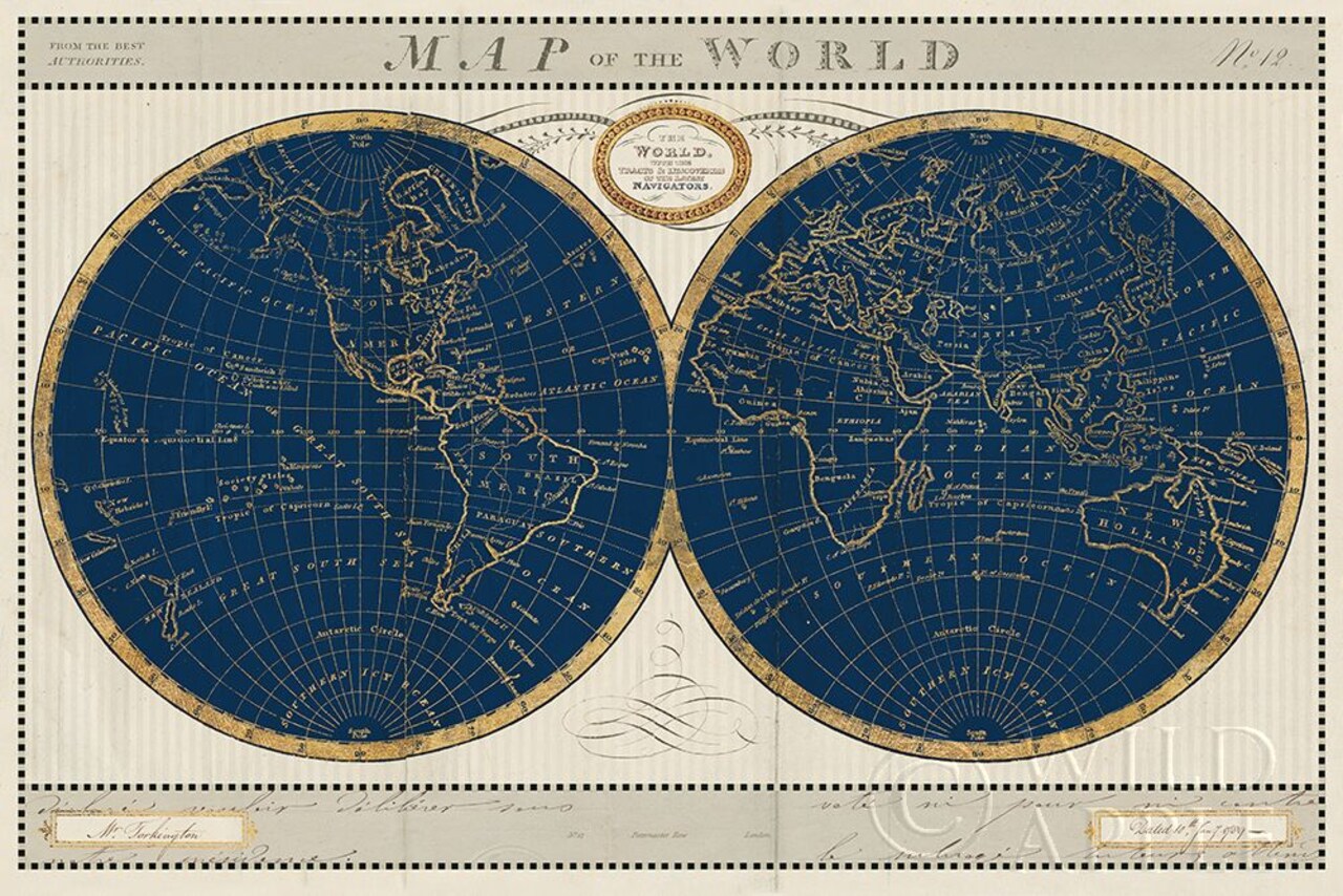 Torkingtons World Map Indigo Globes Poster Print by Sue Schlabach # 44846